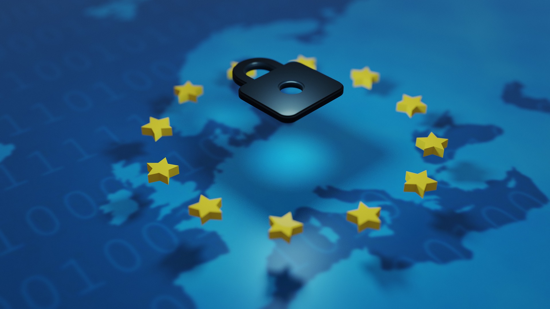 Hänglås ovanför EU-karta med stjärnor som symboliserar cybersäkerhet och EU:s maskinförordning